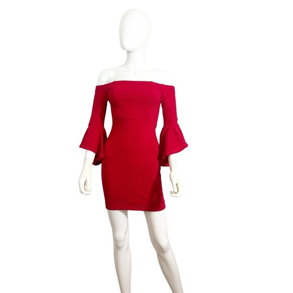 Teeze Me Cherry Red Off-Shoulder Ruffle Mini Sheath Dress Size 1/2 - Picture 3 of 6